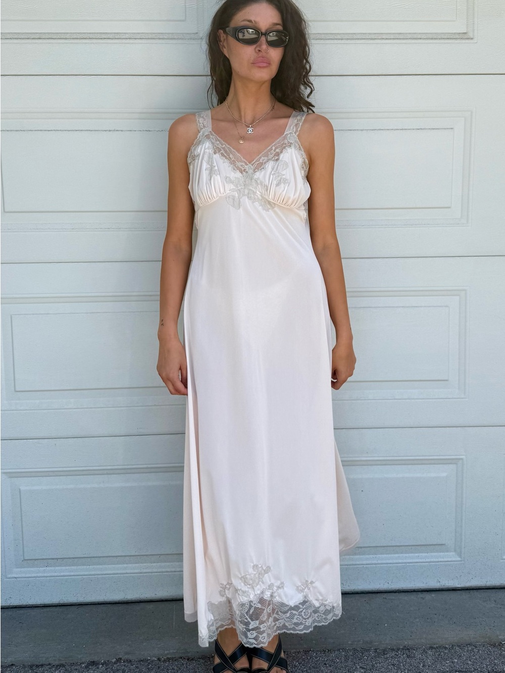 Vintage 60s Nightgown Maxi Slip Dress Lace-Trim Long Chemise Slip in Cream Ecru